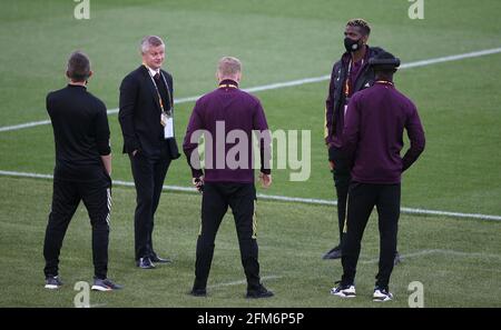 Ole Gunnar Solskjaer, directeur de Manchester United (2e à gauche), avant la demi-finale de l'UEFA Europa League au Stadio Olimpico à Rome, en Italie. Date de la photo: Jeudi 6 mai 2021. Banque D'Images