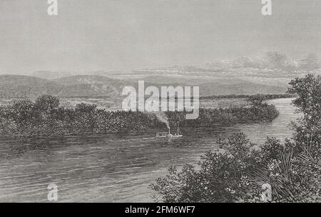 Histoire de l'Afrique. 19e siècle. Bateau en amont de la rivière Fimi vers le lac Léopold II Gravure. El Congo y la Creación del Estado Independiente de este nombre. Historia de los Trabajos y Exploraciones Verificados (le Congo et la fondation de son État libre. Une histoire de travail et d'exploration), par Henry M. Stanley. Édité à Barcelone, vers 1890. Espagne. Banque D'Images