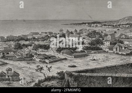 Histoire de l'Afrique. 19e siècle. Loanda. Saint Paul de Loanda. Vue panoramique. Gravure. El Congo y la Creación del Estado Independiente de este nombre. Historia de los Trabajos y Exploraciones Verificados (le Congo et la fondation de son État libre. Une histoire de travail et d'exploration), par Henry M. Stanley. Édité à Barcelone, ca. 1890. Espagne. Banque D'Images