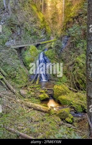 Cascade de Lotenbachklamm avec un pont en bois dans la gorge de Wutach, dans la Forêt-Noire, dans le sud-ouest de l'Allemagne Banque D'Images