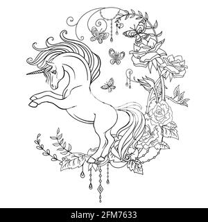 Coloration antistress avec licorne en forme de profil et cadre floral abstrait. Illustration de contour noir et blanc vectoriel isolé pour les pages de livre de coloriage, d Illustration de Vecteur