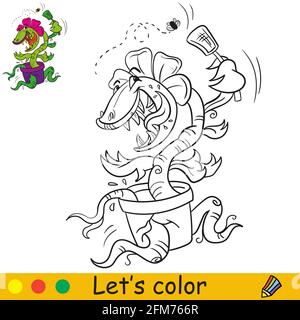 Page de livre de coloriage plante carnivore drôle rattraper une mouche. Personnage de dessin animé. Illustration vectorielle isolée. Concept Halloween. Pour livre de coloriage, p Illustration de Vecteur