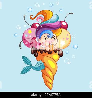 Adorable personnage de sirène kawaii assis dans un cône de glace. Illustration vectorielle isolée. Illustration du stock. Pour la composition d'un t-shirt, imprimez un Illustration de Vecteur