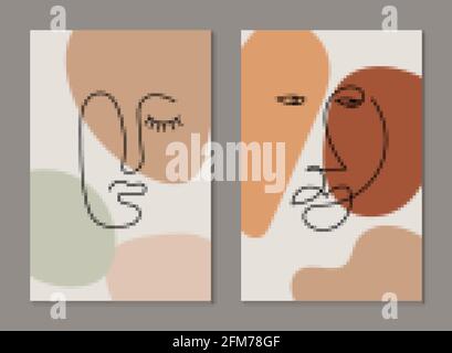 Face moderne aux dessins au trait. Ensemble d'arrière-plans abstraits avec des formes et des lignes minimales. Décoration maison. Faces de dessin au trait. Style bohémien contemporain. Illustration de Vecteur