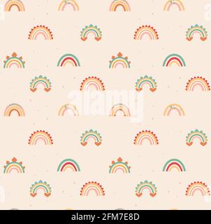 Arcs-en-ciel délicats de style bohémien. Motif vectoriel sans couture sur fond beige. Imprimé plat avec éléments de décoration dino. Pour papier peint, emballages, textiles et bien plus encore Illustration de Vecteur