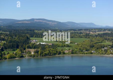 Photo aérienne des fermes de Cherry point, île de Vancouver, Colombie-Britannique Banque D'Images