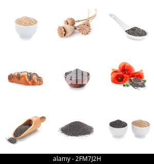Collage de graines de pavot avec fleurs et pain sur blanc arrière-plan Banque D'Images