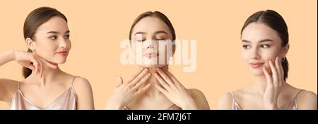 Jeune femme se donnant elle-même un massage du visage sur fond de couleur Banque D'Images
