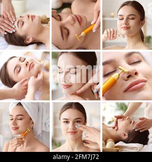 Collage de jeunes femmes recevant un massage du visage Banque D'Images