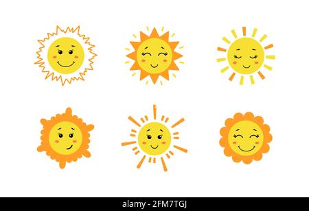 Ensemble de soleil mignon dessiné à la main. Jaune soleil drôle avec différentes émotions isolées sur fond blanc. Illustration enfantine vectorielle de style dessin animé plat Illustration de Vecteur