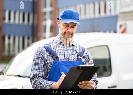 Portrait de l'homme de livraison dans le presse-papiers de maintien uniforme par camion Banque D'Images