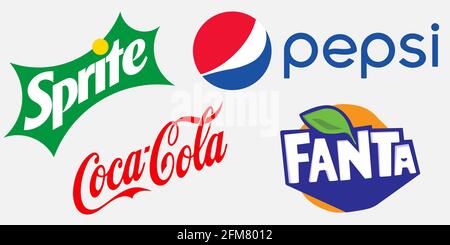 Vinnytsia, Ukraine - 6 mai 2021 : Pepsi, Coca-Cola, Sprite, Fanta. Ensemble de boissons gazeuses populaires logo isolé sur fond blanc Illustration de Vecteur