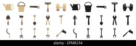 Un ensemble d'outils de jardin dans un style plat et des silhouettes. Illustration vectorielle d'un râteau, de gants, d'une pelle, d'un sécateur et d'un arrosoir. Illustration de Vecteur