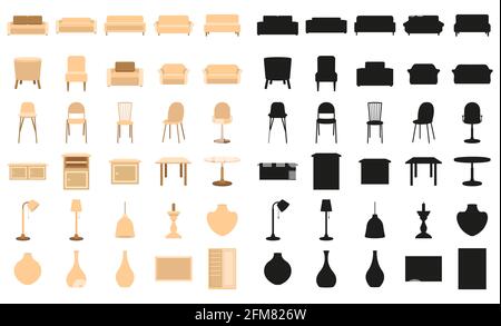 Éléments intérieurs plats et silhouettes. Illustration vectorielle du mobilier. Illustration de Vecteur