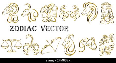 Illustration graphique vectorielle des signes dorés du zodiaque. Tous les signes du zodiaque dans le concept de l'art en ligne: Bélier; Taureau; Gémeaux; cancer; Lion; Virgo; Balance; Scorpion; S Illustration de Vecteur