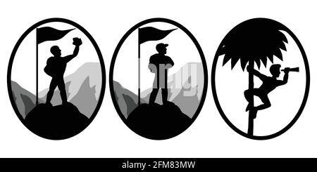 Ensemble de trois images vectorielles de grimpeurs debout sur le dessus D'une montagne et de prendre un selfie et un homme grimper un palmier pour regarder dans les jumelles Illustration de Vecteur