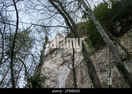 La tour du pavillon de chasse de Lady Emily Hesketh est en ruine près d'Abergele sur la côte nord du pays de Galles au royaume-uni, dans les bois du château de Gwrych. Banque D'Images