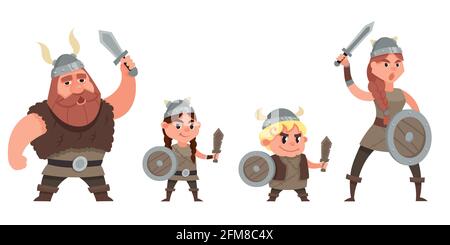 Réjouissez-vous de la famille viking. Personnages de style dessin animé. Illustration de Vecteur
