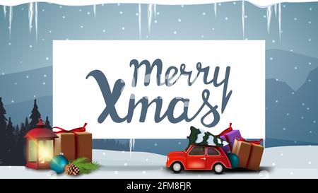 Joyeux Noël, carte postale bleue avec une vieille lanterne, voiture rouge vintage portant un arbre de Noël, shhet de papier blanc, des glaçons et paysage d'hiver sur le backgrou Banque D'Images
