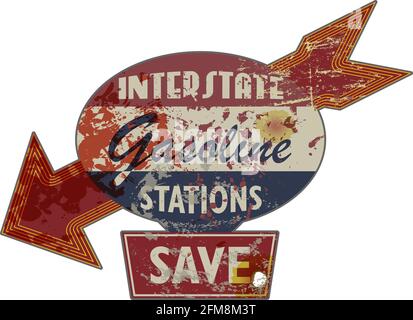 Panneau de station-service d'autoroute Interstate américaine vintage grundy, illustration vectorielle rétro et dépatiné Illustration de Vecteur