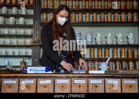 07 mai 2021, Saxe-Anhalt, Halberstadt: Antje Gornig, directeur du musée municipal, diffuse ses nouveaux objets dans la pharmacie historique, y compris des flacons vides dans lesquels le vaccin Biontech-Pfizer a été inoculé. Le vaccin a été administré à partir des flacons dès le 26 décembre 2021 à la clinique Ameos de Halberstadt, en Allemagne, où la vaccination contre le coronavirus a commencé un jour plus tôt que prévu à l'échelle nationale. Le matin, plusieurs de ces flacons avaient été remis au musée municipal. Les collections municipales contiennent des documents historiques contemporains et des objets de haute imp Banque D'Images