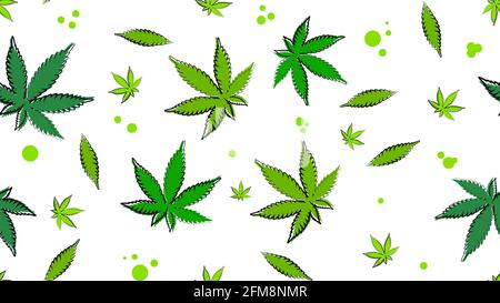Texture verte et blanche sans couture avec des feuilles de cannabis. Motif éco prêt à être imprimé dans un style de dessin animé Banque D'Images