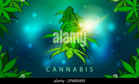 Illustration lumineuse verte et bleue avec une fleur de cannabis style de dessin animé sur fond flou avec effet bokeh Banque D'Images