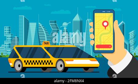 Application de service de taxi.Smartphone portable avec géolocalisation gps, code PIN, adresse d'arrivée sur la carte et voiture jaune moderne sur une route intelligente.En ligne obtenir l'application de taxicab illustration de vecteur plat Illustration de Vecteur