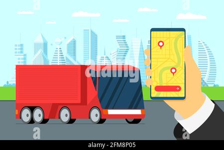 Service de suivi logistique de la remorque de camion.Téléphone portable avec itinéraire du navigateur d'expédition sur la carte de la ville et les broches de géolocalisation.Assistant d'assistance de l'application de surveillance de la livraison du transport sur écran mobile Illustration de Vecteur
