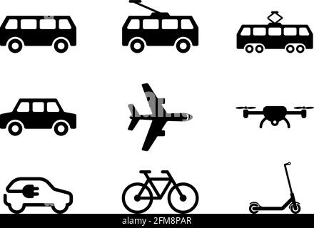 Jeu d'icônes noires des transports publics isolées sur fond blanc Illustration de Vecteur