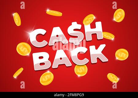 Concept du programme de fidélité de remboursement.Retour des pièces tombant dans le modèle de bannière de compte bancaire.Affiche du service de remboursement de l'argent.Symbole de remise en argent bonus sur l'illustration vectorielle rouge sur fond Illustration de Vecteur