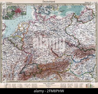 Carte ancienne gravée en cuivre de l'Allemagne du XIXe siècle. Toutes les cartes sont magnifiquement colorées et illustrées montrant le monde à l'époque. Banque D'Images