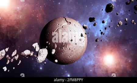 Planète et astéroïde. Anneaux d'astéroïdes autour d'une planète. Nouveaux mondes et galaxies, découvertes de nouvelles planètes. rendu 3d Banque D'Images