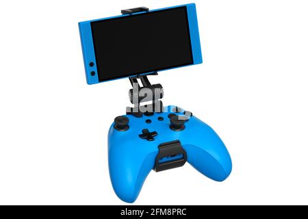 Joystick bleu réaliste pour jouer à des jeux sur un téléphone portable sur fond blanc Banque D'Images