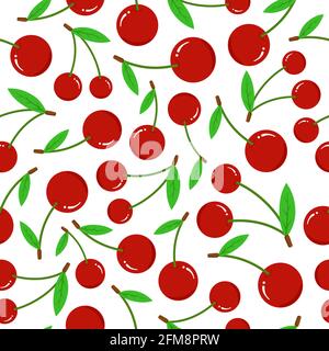 Motif cerisier sans couture sur fond blanc. Illustration de la baie fraîche rouge avec feuilles vertes à vecteur plat Illustration de Vecteur
