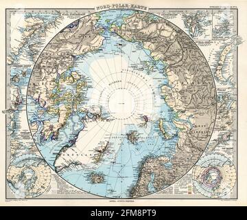 Carte gravée en cuivre d'époque du pôle Nord du XIXe siècle. Toutes les cartes sont magnifiquement colorées et illustrées montrant le monde à l'époque. Banque D'Images