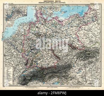 Carte ancienne gravée en cuivre de l'Allemagne du XIXe siècle. Toutes les cartes sont magnifiquement colorées et illustrées montrant le monde à l'époque. Banque D'Images