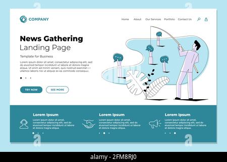 Journaliste homme pêche utilisateurs info posts des commentaires et des messages.Modèle de conception de page d'arrivée de site Web de collecte de nouvelles et de création d'articles.Illustration du vecteur de concept de journalisme Illustration de Vecteur