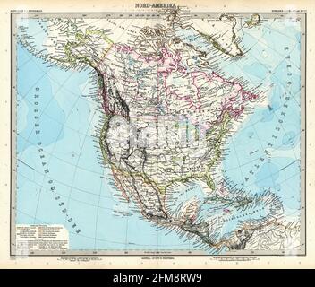 Carte d'Amérique du Nord gravée de cuivre d'époque du XIXe siècle. Toutes les cartes sont magnifiquement colorées et illustrées montrant le monde à l'époque. Banque D'Images