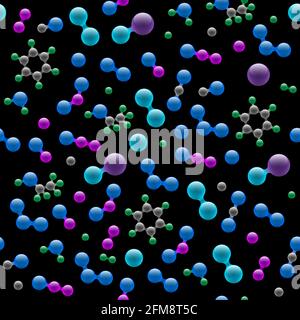 Chimie structure moléculaire atomique 3D modèle sans couture.Concept de conception abstrait pour l'industrie chimique de la biotechnologie scientifique.Texture des atomes et des molécules vectoriels sur fond noir eps illustration Illustration de Vecteur