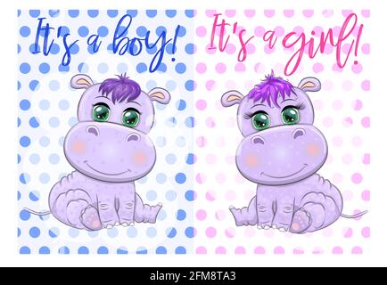 Deux mignons dessins animés avec de beaux yeux parmi les fleurs, les coeurs, un garçon et une fille. Carte d'invitation de douche de bébé. Illustration de Vecteur