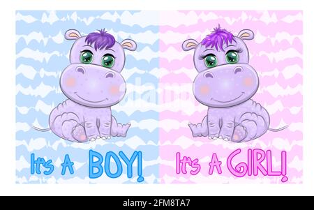 Deux mignons dessins animés avec de beaux yeux parmi les fleurs, les coeurs, un garçon et une fille. Carte d'invitation de douche de bébé. Illustration de Vecteur