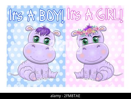 Deux mignons dessins animés avec de beaux yeux parmi les fleurs, les coeurs, un garçon et une fille. Carte d'invitation de douche de bébé. Illustration de Vecteur