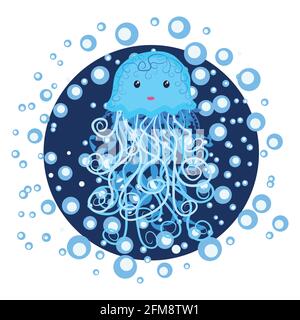 Méduses drôles dessinées à la main parmi les bulles d'eau. Jolie vie marine, style scandinave, détails. Illustration de Vecteur