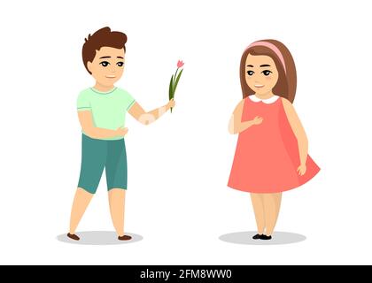 Un garçon romantique donne de la tulipe à une fille souriante.Petit amour masculin fait surprise pour heureux mignon jeune femme.Un cadeau de fleur pour un petit ami et une petite amie.Illustration vectorielle isolée Illustration de Vecteur