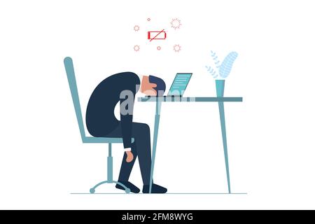 Homme Manager professionnel syndrome de l'épuisement.Épuisé homme d'affaires malade fatigué assis avec la tête sur l'ordinateur portable.Triste homme ennuyeux.Problèmes de santé mentale des travailleurs frustrés.Illustration de surcharge de travail Illustration de Vecteur