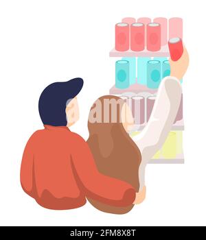 Un jeune couple, un gars, une fille au supermarché.Une femme choisit une boîte en aluminium de boisson non alcoolisée sur l'étagère du magasin.Relations et shopping vecteur eps isolé illustration Illustration de Vecteur