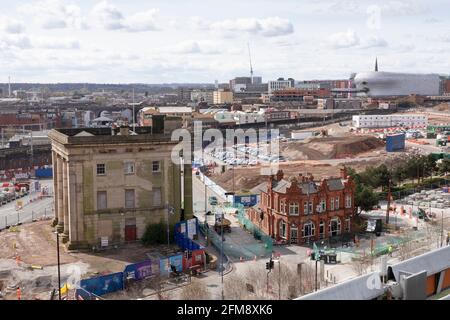 Le site de construction HS2 à Birmingham. La gare de Curzon Street est le bâtiment sur la gauche. Banque D'Images