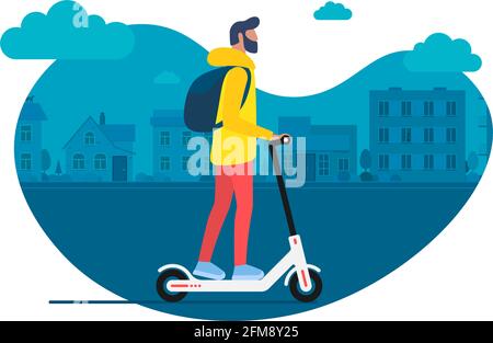 Jeune homme personnage avec sac à dos de transport urbain moderne kick-scooter électrique.Active hipster adulte millénaire utilise des technologies écologiques de style de vie.Illustration vectorielle sport jeunesse sur le paysage urbain Illustration de Vecteur