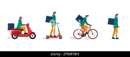 Ensemble de concept de service de messagerie express pour garçons.Homme logistique rapide en ligne sur vélo, scooter électrique, cyclomoteur et marcher à pied avec les commandes boîte à colis et sac à dos.Illustration vectorielle isolée à plat Illustration de Vecteur